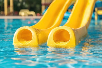 Twin yellow plastic water slides descending into clear blue pool water under sunlight with visible shadows and reflection in bright outdoor amusement stock concept image