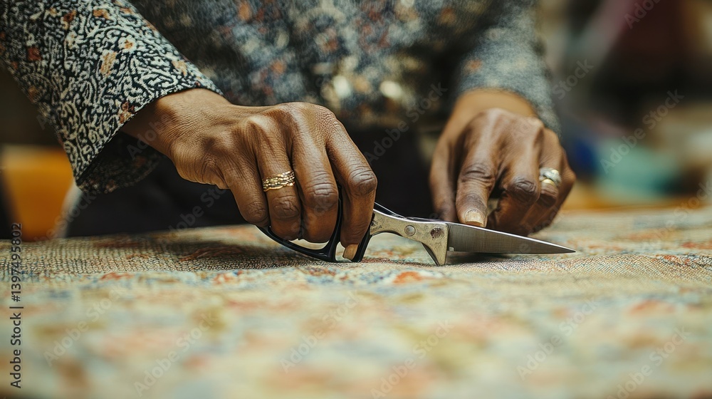 Poster a person using scissors to cut fabric on a table