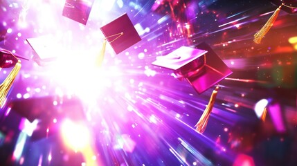 Graduation caps flying, celebration, vibrant background