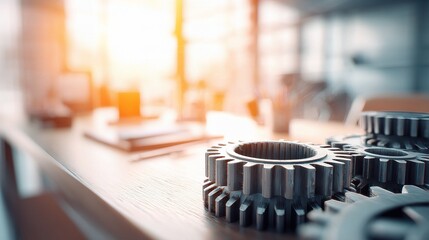 Double Exposure of Industrial Gears and Modern Office Workspace