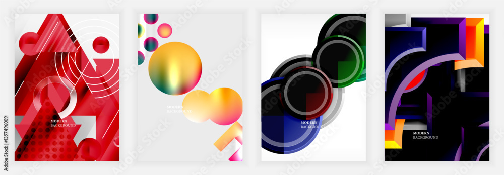 Poster Abstract geometric designs. Vibrant color palettes dominate compositions. Overlapping shapes create dynamic visual interest. Modern backgrounds suggest digital art or graphic design applications.