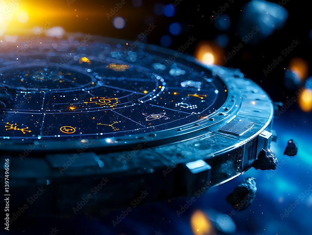 Poster exploring cosmic wonders celestial navigation outer space digital art sci-fi environment wide angle 