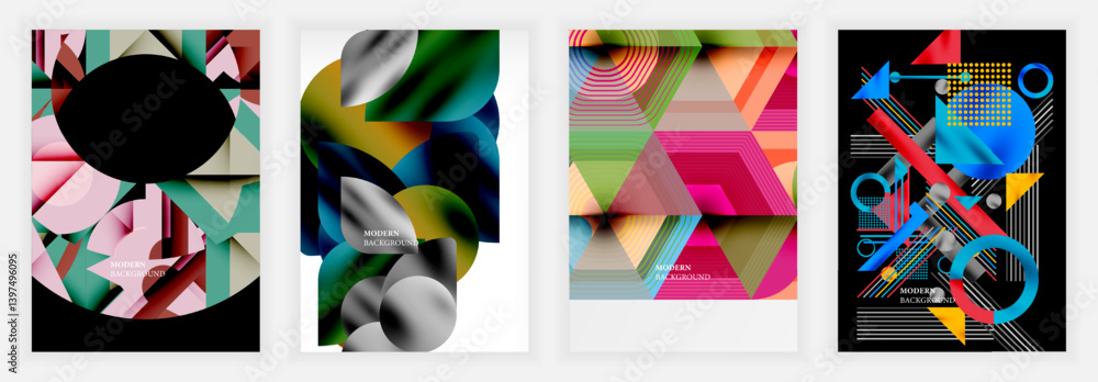 Poster abstract geometric designs dominate these vibrant backgrounds. shapes overlap, creating dynamic comp