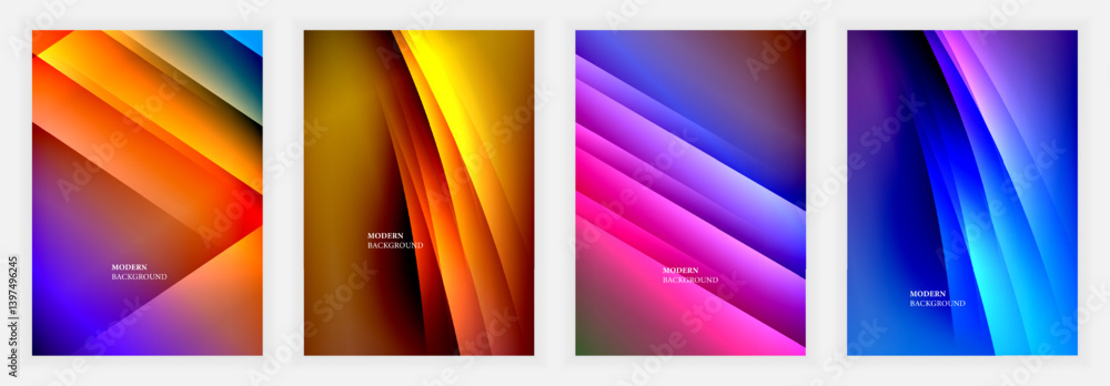 Poster four vibrant abstract backgrounds. diagonal lines create dynamic gradients, blending warm, cool hues