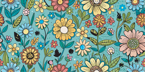Abstract seamless pattern with cute hand drawn meadow flowers. Fashion stylish natural background.
