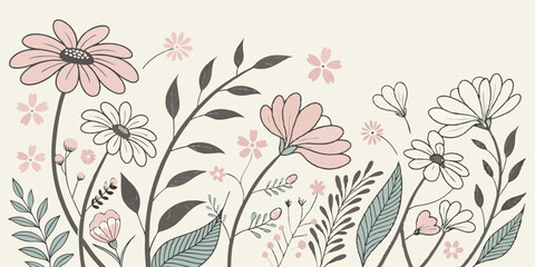 Abstract seamless pattern with cute hand drawn meadow flowers. Fashion stylish natural background.