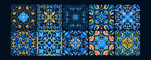 Mediterranean ceramic tiles seamless pattern. Azulejo arabesque. Portuguese, Spanish, Turkish, Indian, Islamic, Arabic decor. Geometrical and floral traditional national ornament. Vector illustration. © Ihor