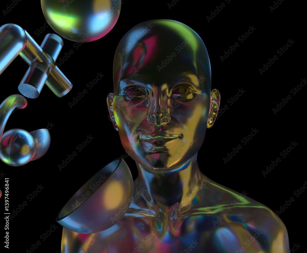 Aufkleber Dreamwave style 3D illustration features a translucent human head surrounded by colorful geometric shapes, reflecting captivating light and creating surreal, futuristic ambiance on a dark background.