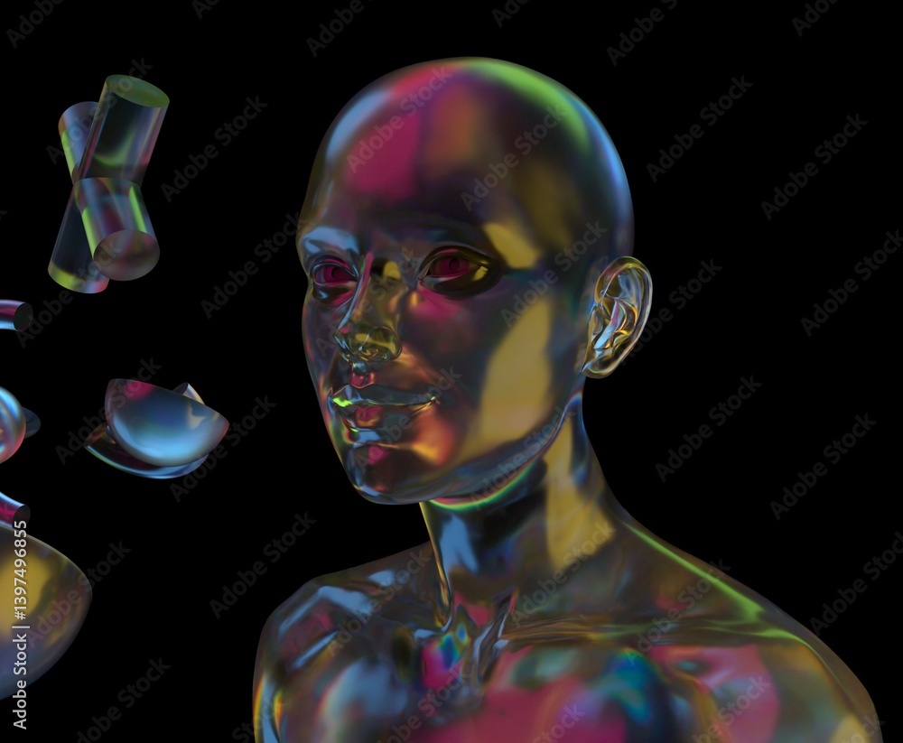 Aufkleber dreamwave style 3d illustration features a translucent human head surrounded by colorful geometric s