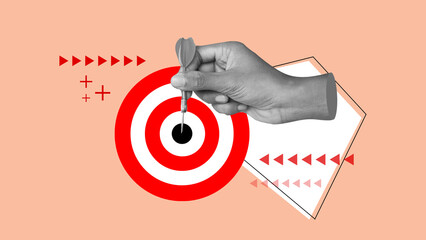 Art collage. Hand holding a dart aiming at the target. Art collage digital pop modern art. business...