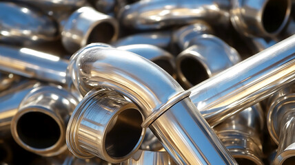 Scrap pile of shiny stainless steel pipe fittings with smooth bends and polished surfaces, ready for recycling. Concepts related to plumbing, metallurgy, construction materials, industrial background