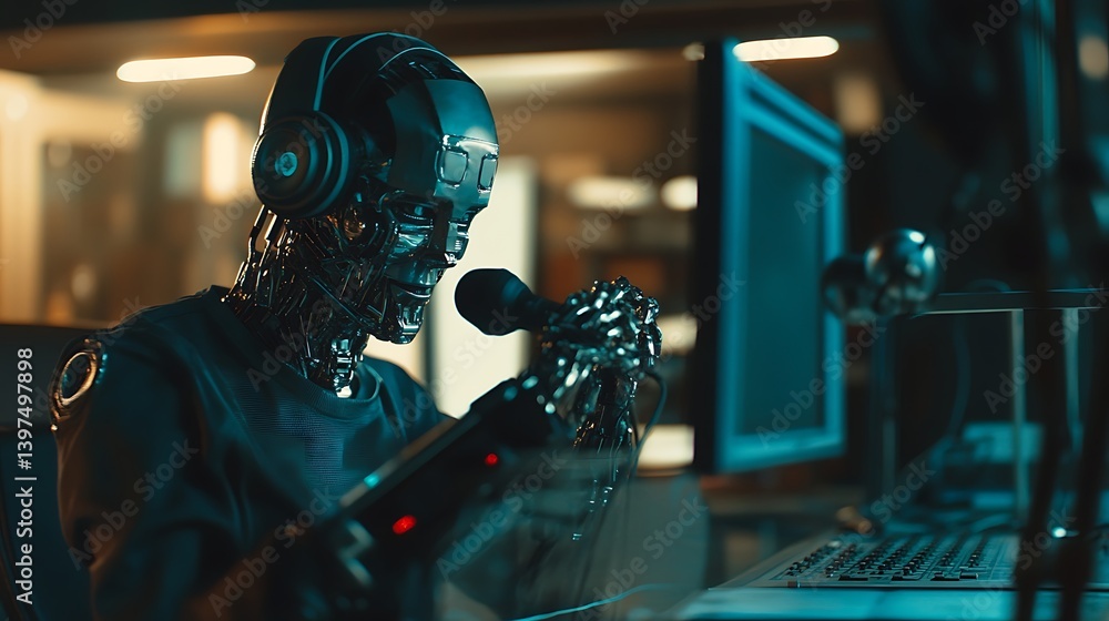 Poster a futuristic humanoid robot with glossy black surface and intricate details, wearing headphones and 