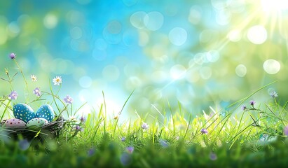 Obraz premium Beautiful background with grass, Easter eggs, and flowers. Easter-themed style. Blue sky with a