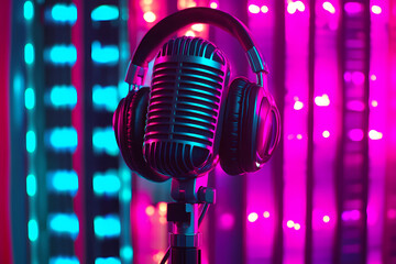 A close-up of a microphone and headphones for podcasting or ASMR sounds on black stand in a neon led lighting, cyan and magenta, in a sound recording studio.