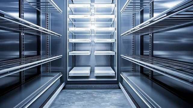 Industrial walk in refrigerator with empty stainless steel shelves and bright lighting in cold storage room

