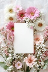 Obraz premium Vertical blank card surrounded by soft pink and white flowers including gerbera daisies and baby’s breath blooms