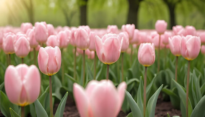 Fototapeta premium A delightful field of pink tulips in full bloom bathed in soft sunlight, surrounded by lush greenery, symbolizing springtime freshness, elegance, and natural beauty in a serene outdoor setting.