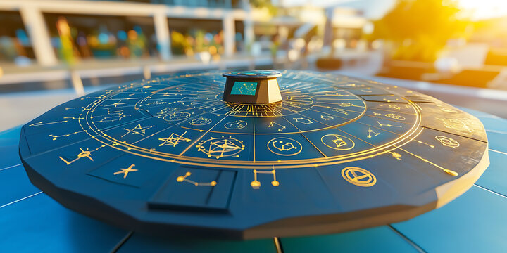 Exploring celestial patterns astrological chart display modern observatory digital art outdoor setting elevated perspective