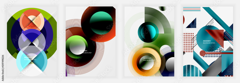 Poster Four abstract geometric designs. Vibrant colors, overlapping shapes create modern backgrounds. Circles, triangles dominate compositions. Clean lines, gradients present stylish visuals.