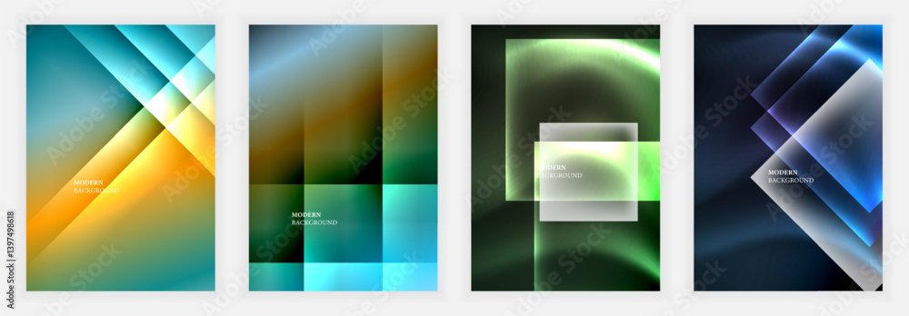 Poster Abstract geometric backgrounds. Overlapping shapes create vibrant color gradients. Modern designs suggest depth, texture, visual interest. Ideal for digital projects.