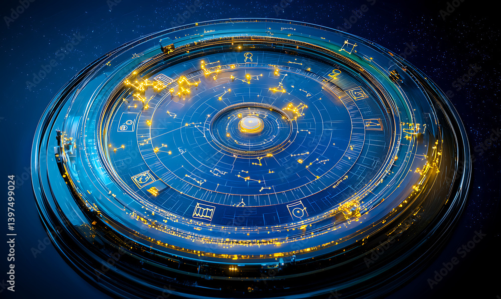 Poster exploring celestial patterns space digital art futuristic aerial view astrological concepts