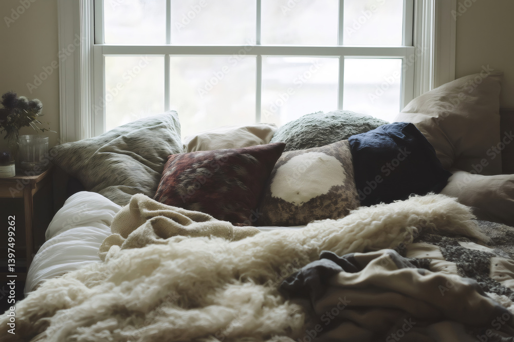 Poster messy bed with various blankets and cushions in front of a window, creating a cozy and comfortable a
