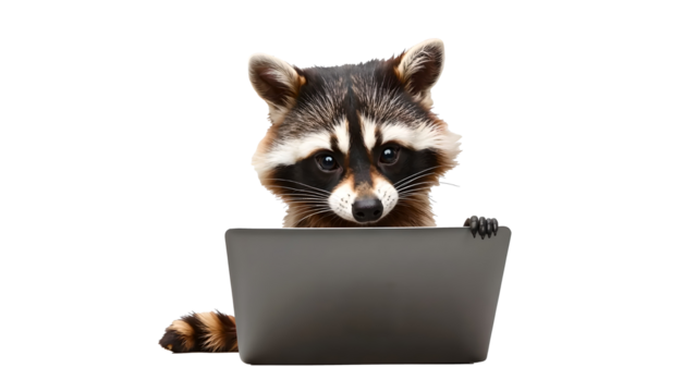 Raccoon with a laptop isolated on a transparent background engaged in exploring technology