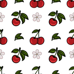 A seamless vector pattern featuring red cherries with green leaves on a white background, interspersed with simple flower outlines.