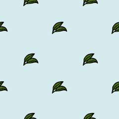 A seamless vector pattern featuring small green leaves on a light blue background. The leaves are illustrated with fine details, creating a fresh and natural look.