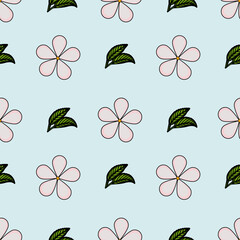 Obraz premium A seamless vector pattern featuring pink flowers and green leaves on a light blue background. The flowers have five petals and a yellow center, while the leaves are stylized with a dark green color.