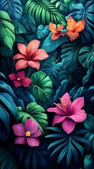 Fototapeta premium Tropical Foliage Phone Wallpaper Vibrant Flowers in Pink Orange & Purple Amid Lush Green Leaves | Vertical HD Background