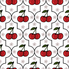 A seamless vector pattern featuring bright red cherries with green leaves on a white background, interspersed with small floral designs.