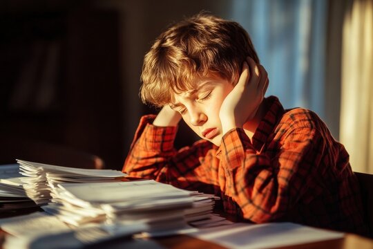Young boy stressed at desk with papers and books, wearing red shirt in blurry room, showing frustration and exhaustion - Powered by Adobe