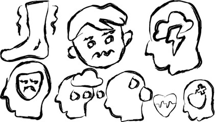 Set of anxiety icons in doodle style. hand drawn icons of anxiety, sad feelings, nervous face, stress brain, trauma, sweating and more.