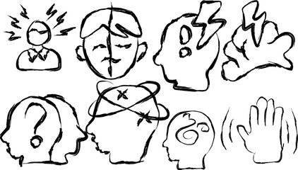 Set of anxiety icons in doodle style. hand drawn icons of anxiety, sad feelings, nervous face, stress brain, trauma, sweating and more.