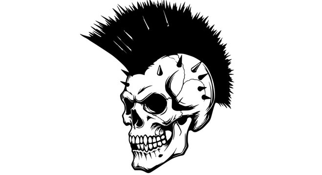 Punk skull with mohawk illustration black and white representing rebellion or music.