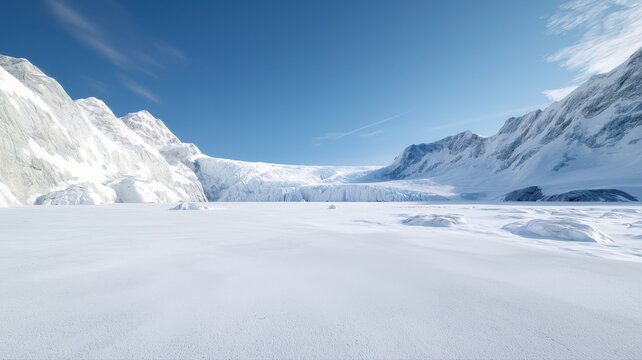 Stunning icy landscape with vast snowfield and majestic mountains under a clear blue sky.