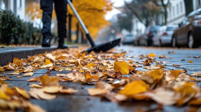 A person sweeping fallen leaves from the wet paved street surface