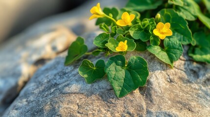 A close-up view of Acmella oleracea, also known as the Toothache Plant, showcasing its flowers and leaves on a rough terrain
