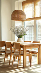 Dining room interior with large reclaimed wood table surrounded by matching wooden chairs with upholstered seats. Inviting and serene atmosphere that blends Scandinavian and Japandi design styles