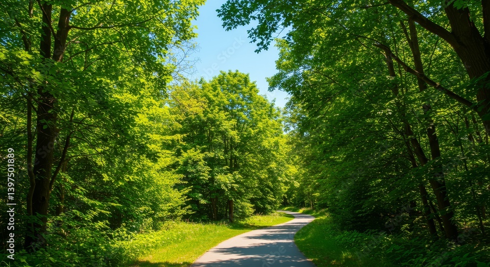 Poster winding path through lush green forest - serene paved path curving through a vibrant green forest un