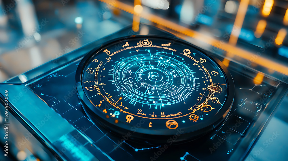 Poster futuristic interface interaction tech lab digital display high-tech environment top-down view innova