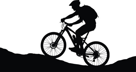 Fototapeta premium Silhouette of a cyclist riding uphill, wearing a helmet and backpack, highlighting movement and adventure