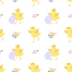 Seamless vector pattern with cute chicks, flowers, eggs on a white background. Spring Easter background. A cartoon vector illustration of easter theme seamless pattern