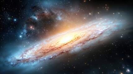 Fototapeta premium Stunning view of a spiral galaxy with glowing core, surrounded by stars and cosmic dust in deep space.