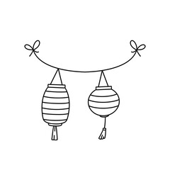 Two lanterns hanging from a line, one is striped and the other is plain