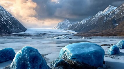 Vast ice-covered glacier surrounded by towering snow-capped mountains under dramatic cloudy sky at sunset

 - Powered by Adobe