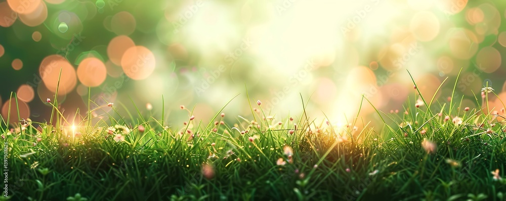 Poster beautiful spring background with green grass and a bokeh light effect. spring banner template for