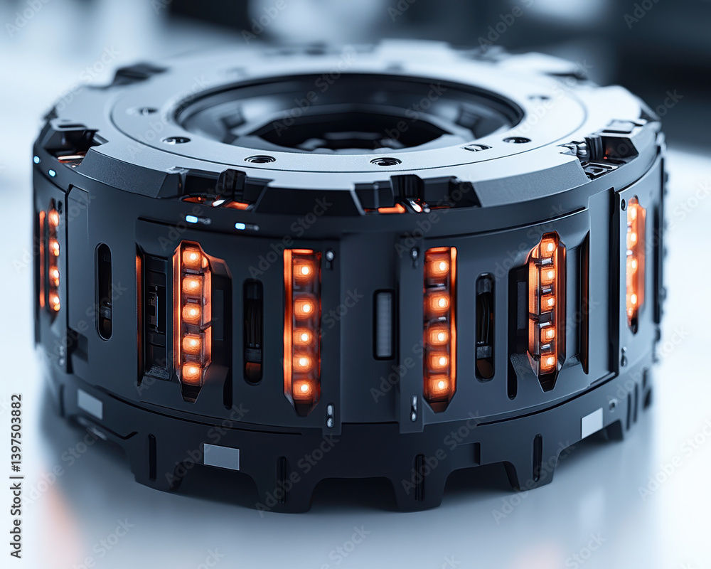 Poster futuristic mechanical device with glowing orange leds and metallic structure in high-tech setting