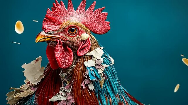 Colorful rooster with a textured background, showcasing vibrant plumage and a dynamic pose